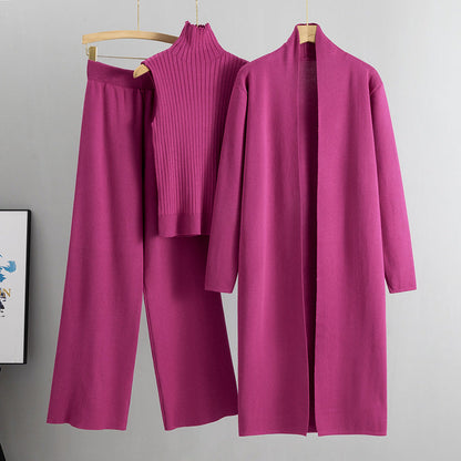Spring Loose Knitting Suit Women Long Shawl Cardigan Turtleneck Vest Wide Leg Pants Three Piece Set