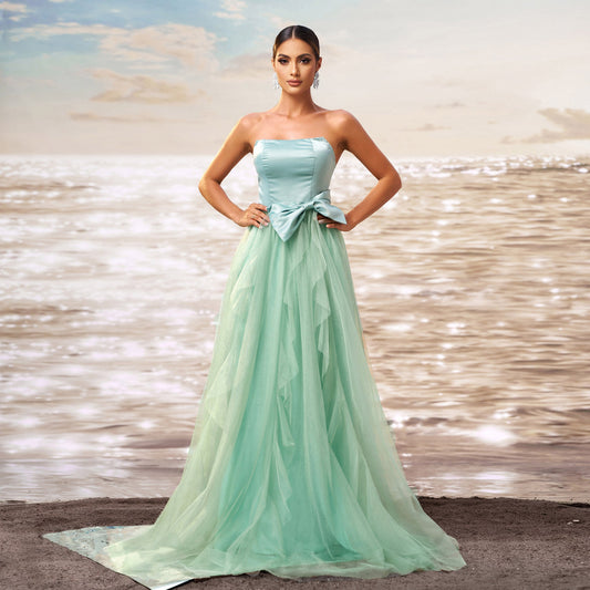 Vestido de noche de gasa con dobladillo ancho y cintura estrecha sin mangas para mujer