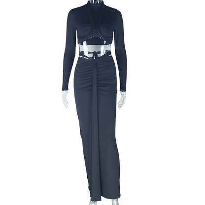 Conjunto de dos piezas formado por falda y vestido, para mujer, color liso, sexy, manga larga, cuello redondo, corte entallado y adelgazante