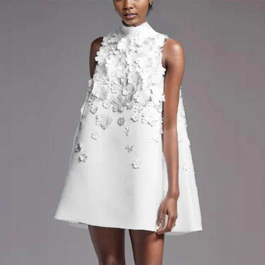 Vestido corto holgado con cuello alto, elegante y elegante, sin mangas, con cuentas y estampado floral tridimensional para mujer