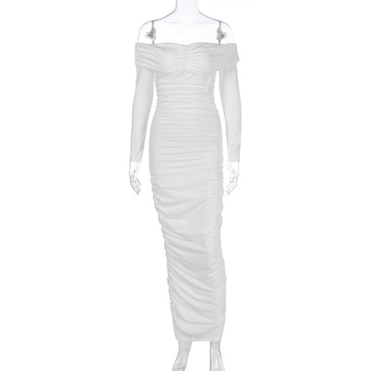 Vestido largo elegante plisado de manga larga con hombros descubiertos y sexy de color liso para mujer