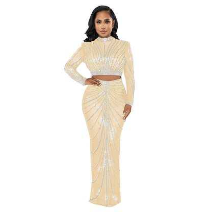 Conjunto de dos piezas de vestido de manga larga transparente con perforaciones de malla para mujer