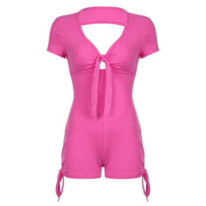 Mono deportivo de verano con tirantes y espalda descubierta y cordón, de manga corta, plisado y sexy