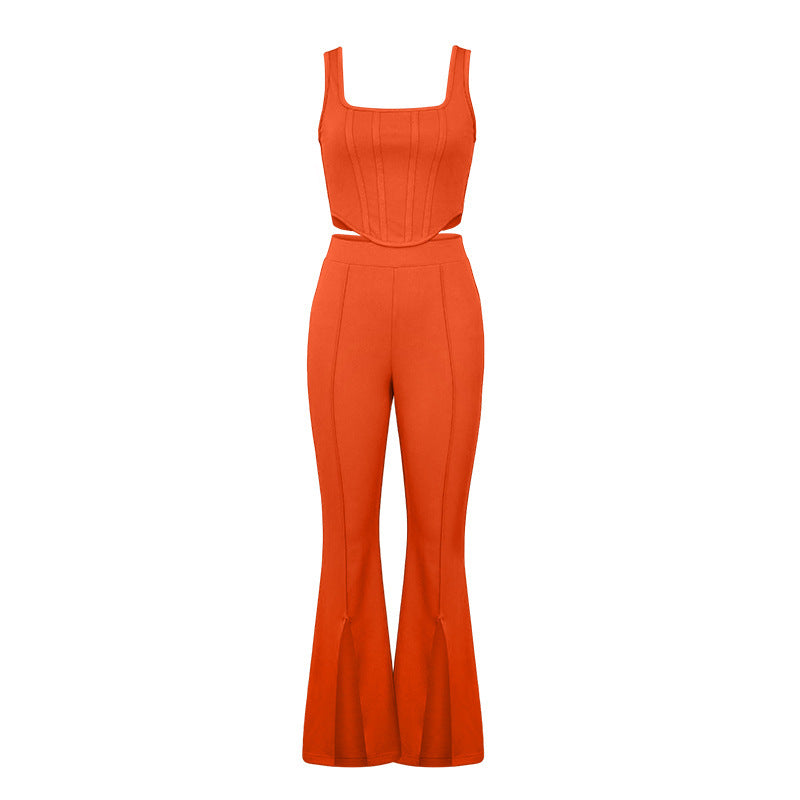 Summer Pants Suit Solid Color Office Sleeveless Vest Split Trousers Casual Two Suits