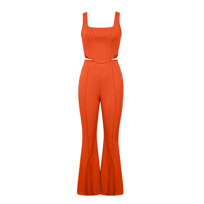 Summer Pants Suit Solid Color Office Sleeveless Vest Split Trousers Casual Two Suits