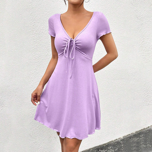 Vestido ajustado de manga corta y cintura alta con escote en V para primavera y verano para mujer