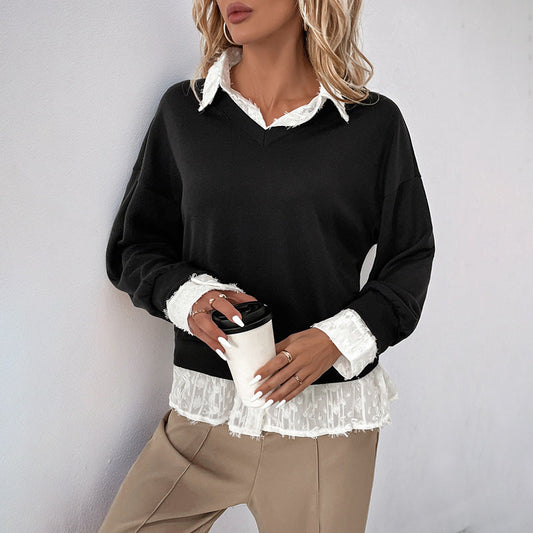 Sudadera de dos piezas con cuello alto y parches de otoño para mujer