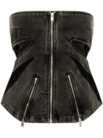 Conjunto de dos piezas de mezclilla para mujer, con top de tubo y parches en contraste de color, abertura tridimensional, doble cremallera, costuras elásticas y lavados.