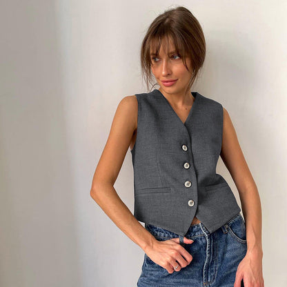 Chaleco sin mangas gris minimalista neutro de verano para mujer, conjunto de dos piezas a juego