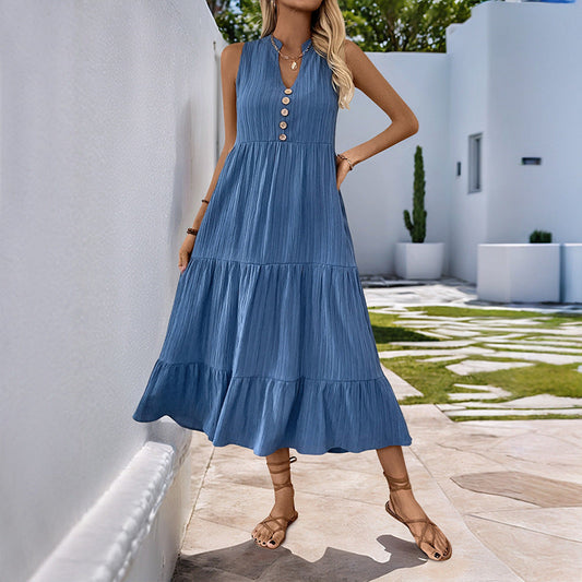 Vestido de verano de longitud media, plisado, color liso, cuello alto, sin mangas