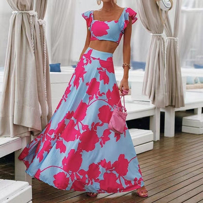 Conjunto de dos piezas de vestido sin mangas con estampado bohemio sexy para mujer de verano