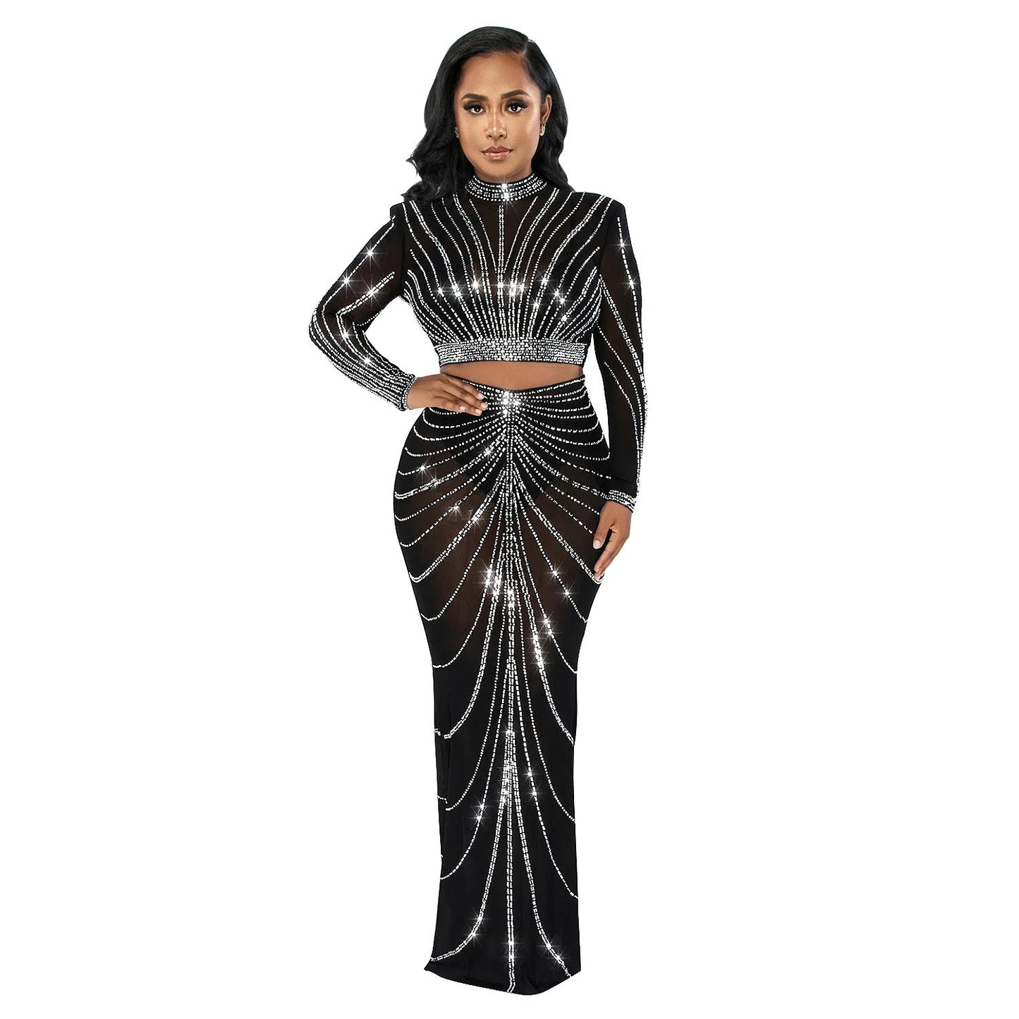 Conjunto de dos piezas de vestido de manga larga transparente con perforaciones de malla para mujer