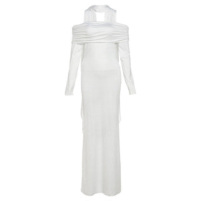 Vestido de primavera para mujer, sexy, ajustado, con hombros descubiertos, sin espalda, cuello tipo bufanda, manga larga