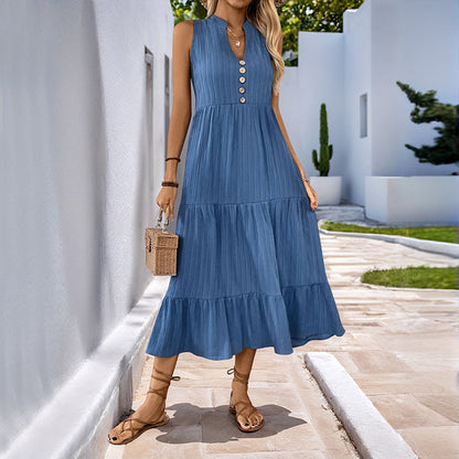 Vestido de verano de longitud media, plisado, color liso, cuello alto, sin mangas