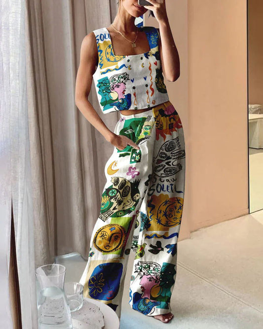 Conjunto de dos piezas informal con pantalones anchos estampados y chaleco para mujer