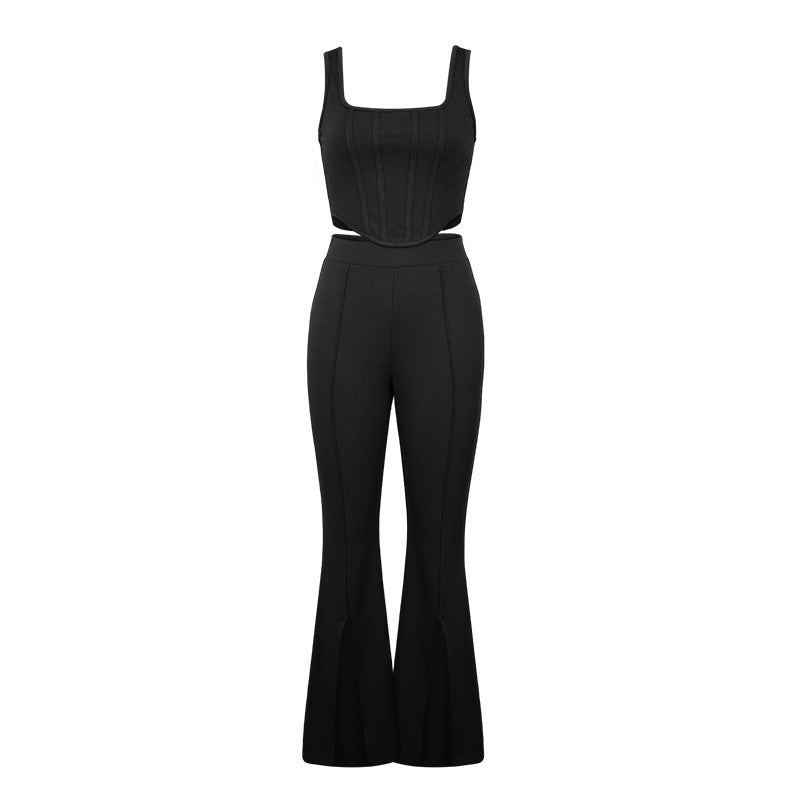 Summer Pants Suit Solid Color Office Sleeveless Vest Split Trousers Casual Two Suits
