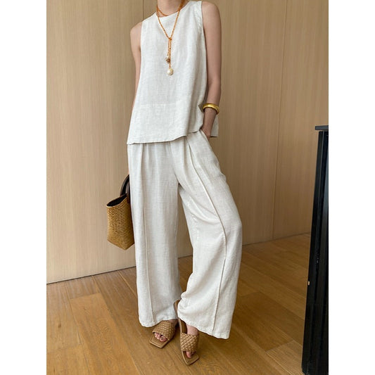 Traje informal de dos piezas con pantalones anchos y chaleco de lino de tencel de tacto holgado de verano