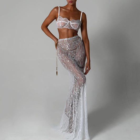 Conjunto de dos piezas sexy con tirantes y espalda descubierta, vestido de noche sexy, falda de cola de pez con trapeador de suelo.