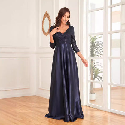 Vestido de satén con escote en V y mangas largas, color azul, con lentejuelas, corte en A, para dama de honor, cóctel y noche.