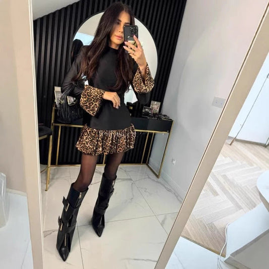 Leopard Print Patchwork Flared Sleeves Mini Slim Dress