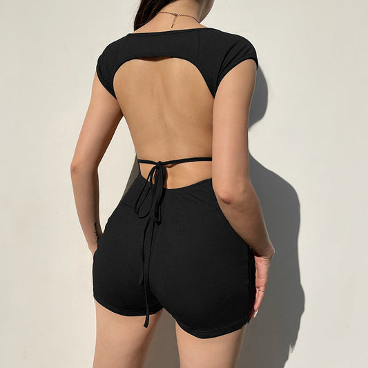 Mono deportivo de una pieza para mujer, de color liso, con aberturas, espalda descubierta y cordones, sexy, ajustado, pantalones cortos, ropa exterior