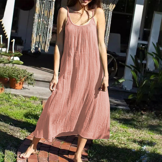 Vestido camisola informal de algodón para mujer, vestido largo de verano para vacaciones, suelto, de color liso, sin espalda, de gasa de doble capa, sin mangas
