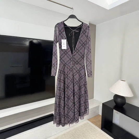 Vestido de mujer con escote en V, sexy, plisado, de red de seda, de manga larga