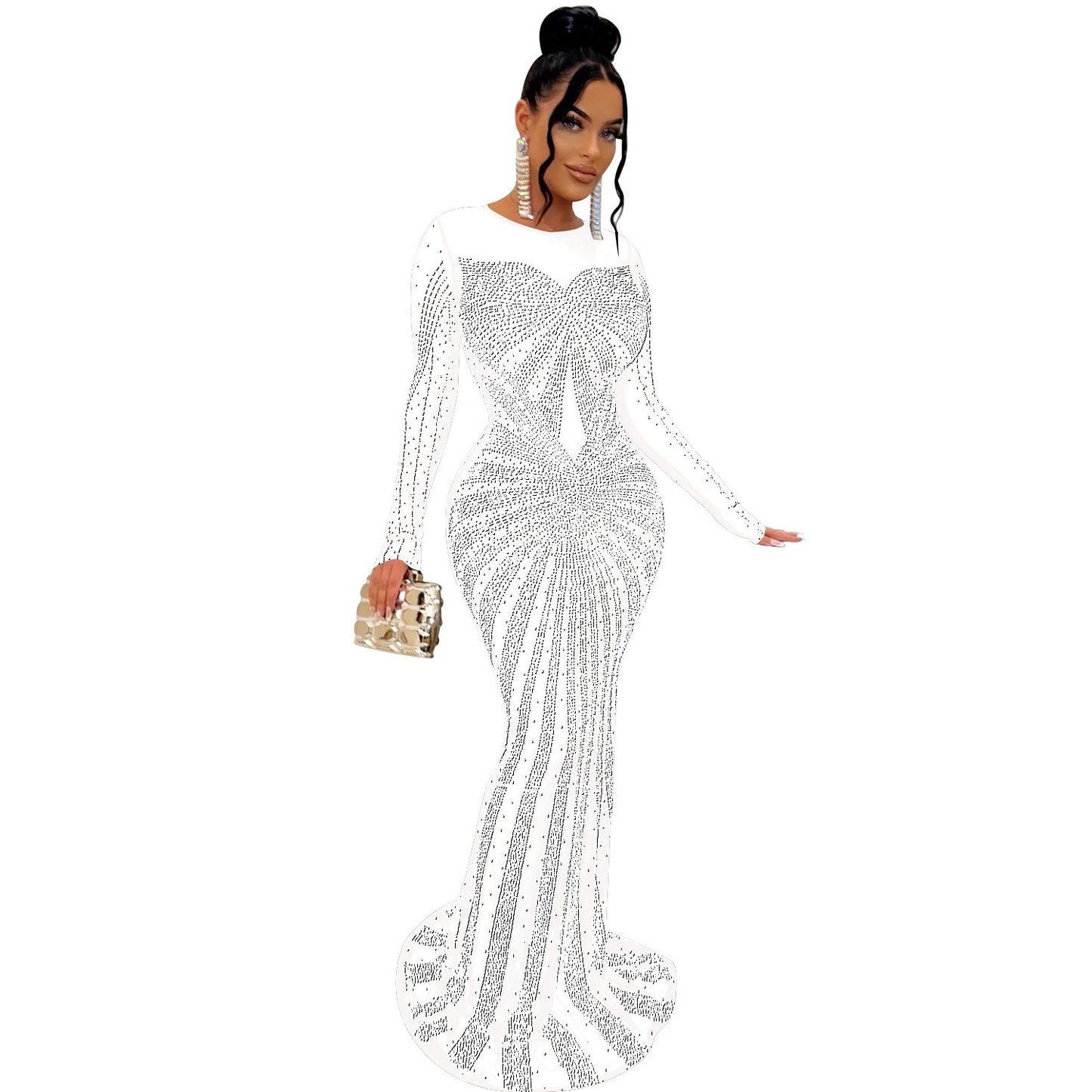 Vestido de manga larga con diamantes de imitación transparente de malla de color liso para mujer