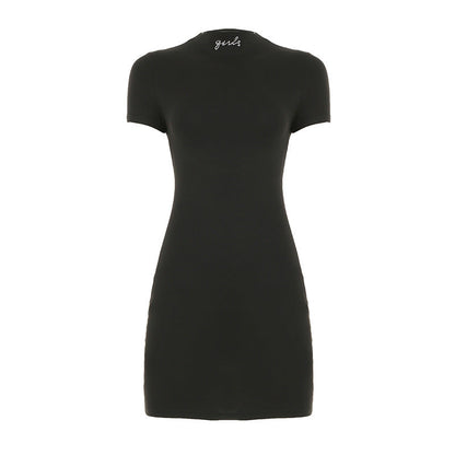 Vestido informal básico de verano para mujer, cuello alto, manga corta, con diamantes de imitación, color liso, ajustado, ajustado, cruzado en la cadera