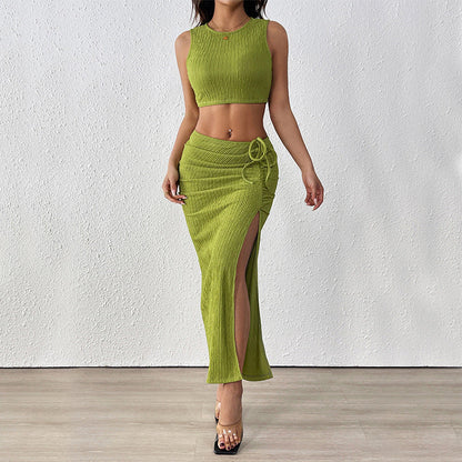 Women Pleating Texture Split Summer Sleeveless Vest Two Piece Set