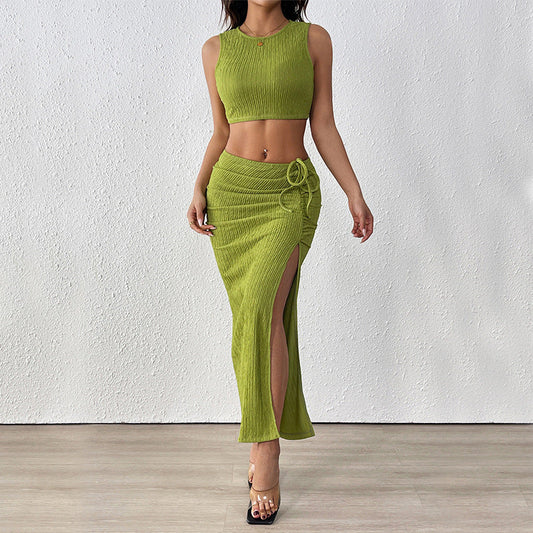 Women Pleating Texture Split Summer Sleeveless Vest Two Piece Set