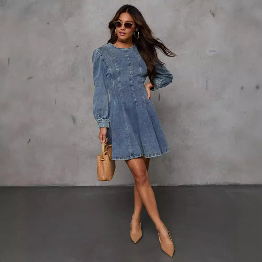 Vestido vaquero de manga larga con cintura ajustada y retazos informales de otoño para mujer