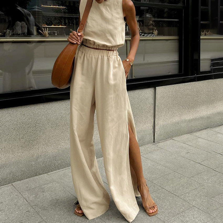 Chaleco sin mangas de algodón y lino con pantalones de pierna ancha divididos, traje de primavera y verano de dos piezas para mujer