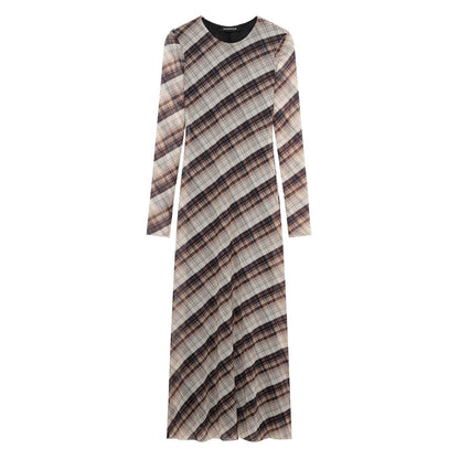 Vestido de mujer de cuello redondo, suelto, informal, a cuadros, de red de seda y manga larga