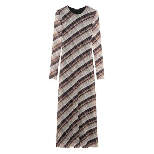 Vestido de mujer de cuello redondo, suelto, informal, a cuadros, de red de seda y manga larga