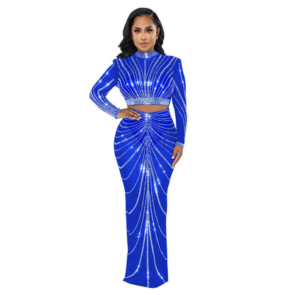 Conjunto de dos piezas de vestido de manga larga transparente con perforaciones de malla para mujer