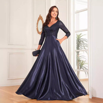 Vestido de satén con escote en V y mangas largas, color azul, con lentejuelas, corte en A, para dama de honor, cóctel y noche.