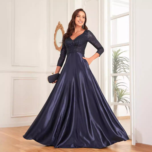Vestido de satén con escote en V y mangas largas, color azul, con lentejuelas, corte en A, para dama de honor, cóctel y noche.