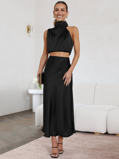 Ropa de verano para mujer, conjunto informal con falda drapeada y bufanda sexy, vestido de noche para mujer