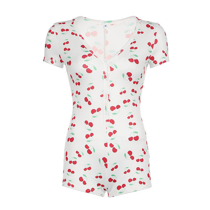 Mono sexy de manga corta con escote en V profundo y cuello halter, cómodo y ajustado para estar en casa.