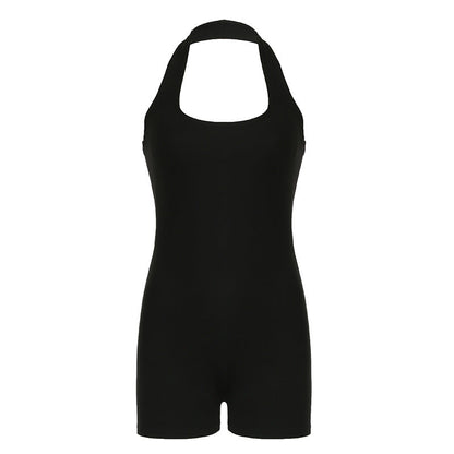 Mono deportivo de calle de verano para fitness, estilo halter, de color liso, ajustado, sexy, informal, sin mangas, pantalones cortos