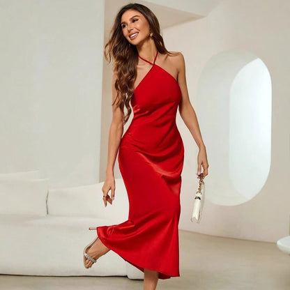 Vestido sexy para mujer, vestido de noche de primavera y otoño, vestido largo con tirantes de satén