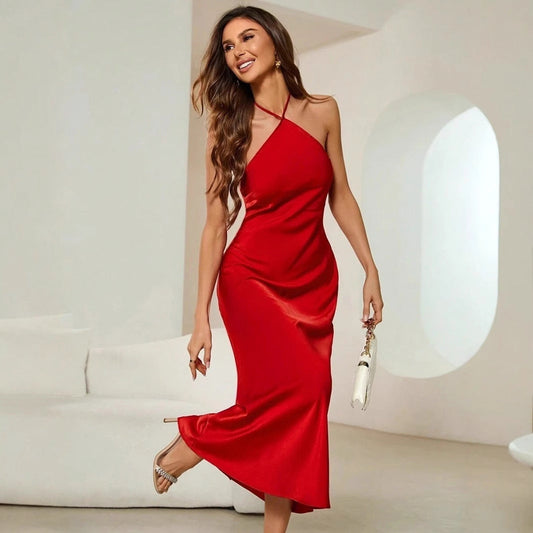 Vestido sexy para mujer, vestido de noche de primavera y otoño, vestido largo con tirantes de satén