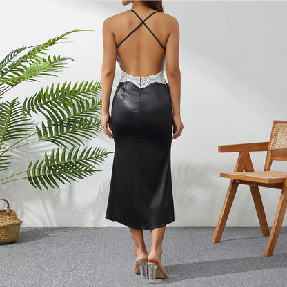 Vestido de noche ajustado para mujer, vestido largo de encaje con espalda descubierta y tirantes sexy.