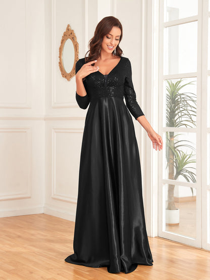 Vestido de satén con escote en V y mangas largas, color azul, con lentejuelas, corte en A, para dama de honor, cóctel y noche.