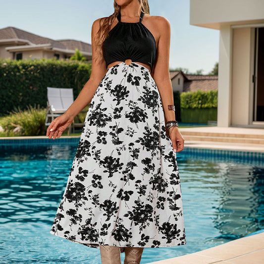 Vestido de verano con cuello halter, cintura alta, estampado y costuras, sin mangas