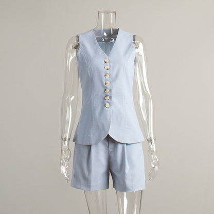 Cotton Linen Vest Shorts Set Summer Office Vest Shorts Set Casual Women