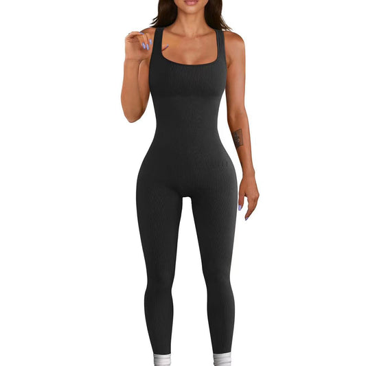 Mono de yoga sexy de verano para mujer, mono deportivo sin mangas con cuello cuadrado acanalado y pantalones