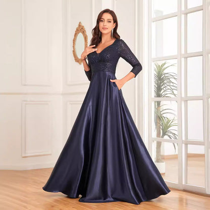 Vestido de satén con escote en V y mangas largas, color azul, con lentejuelas, corte en A, para dama de honor, cóctel y noche.