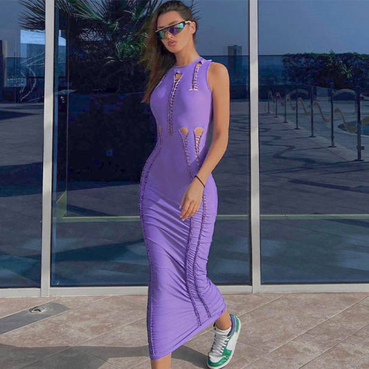 Vestido de verano sin mangas con cuello redondo y aberturas en color liso para mujer
